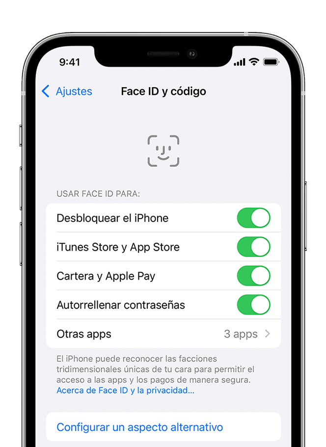Un iPhone que muestra la pantalla en Ajustes > Face ID y código.