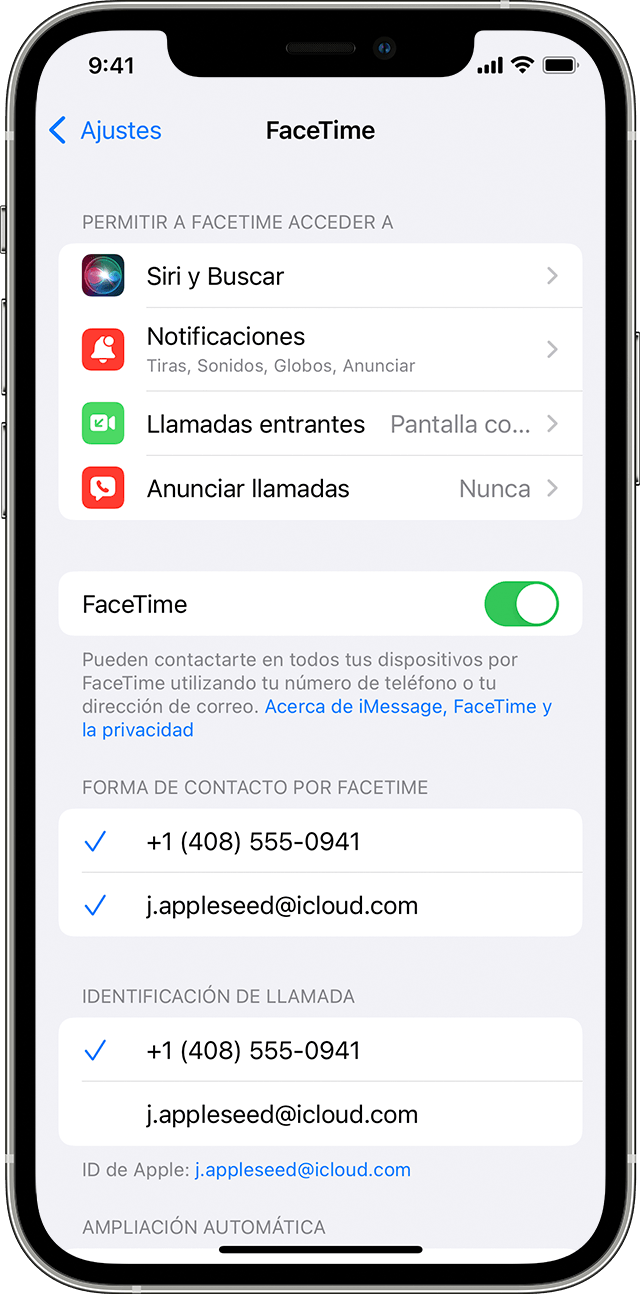 Un iPhone que muestra la pantalla de ajustes de FaceTime, con FaceTime activado.