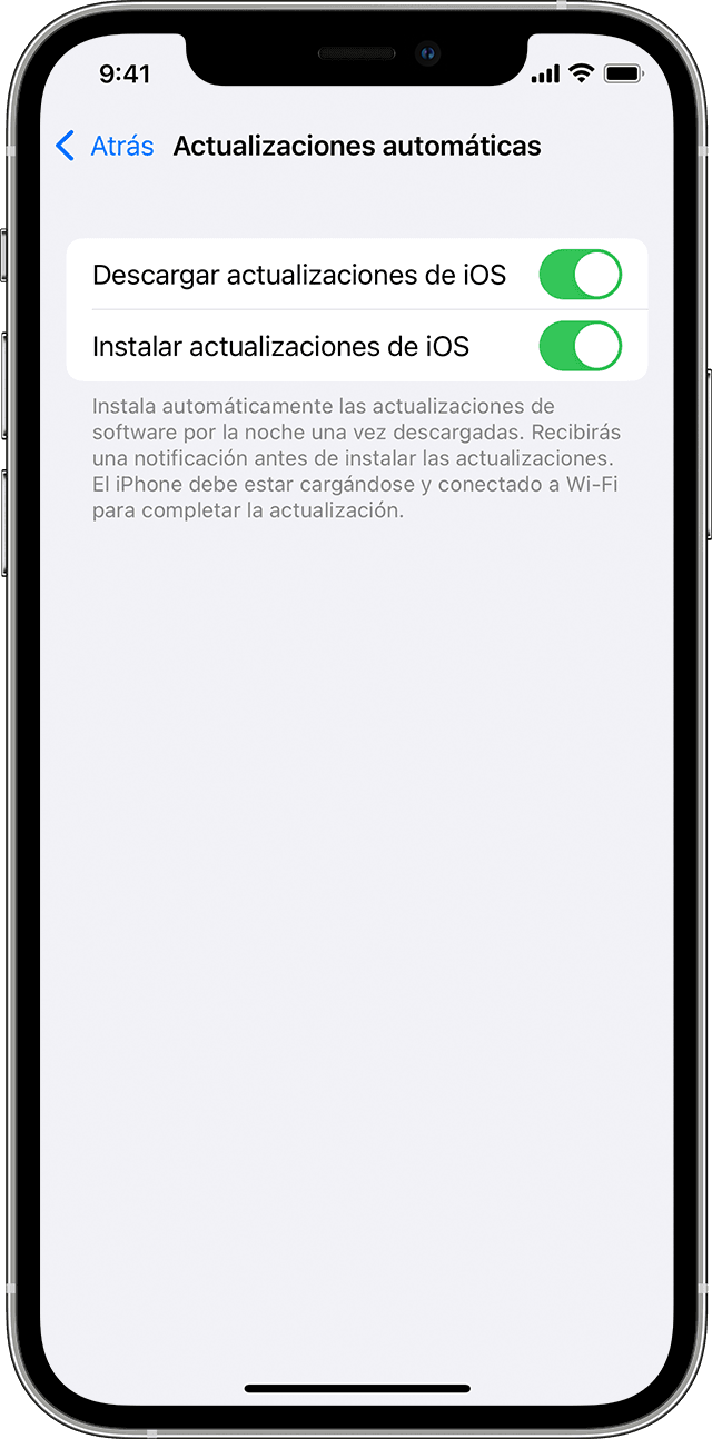 La página “Actualizaciones automáticas” en Ajustes del iPhone que muestra opciones para descargar e instalar actualizaciones de iOS automáticamente.