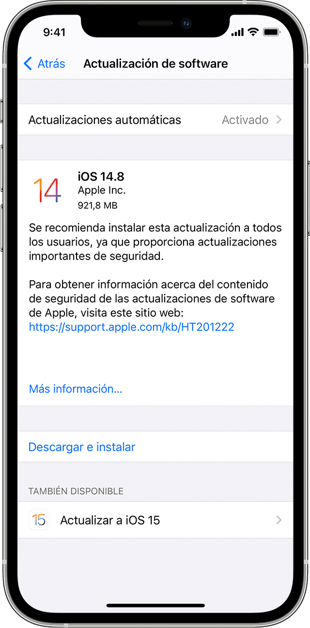 La app Ajustes del iPhone que muestra las opciones para actualizar a iOS 14.8 o iOS 15.
