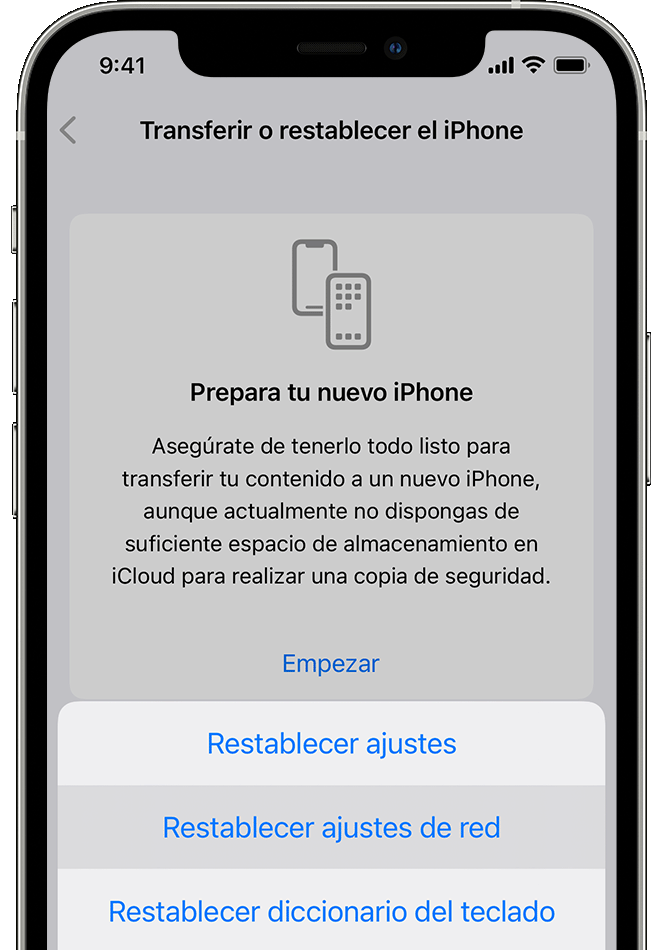 Un iPhone en la pantalla Ajustes > General > Transferir o restablecer el [dispositivo] > Restablecer. La opción “Restablecer ajustes de red” está seleccionada.