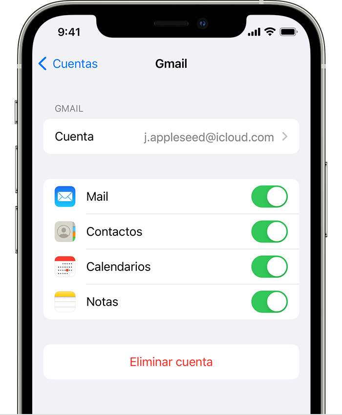 Un iPhone que muestra la configuración de una cuenta de Gmail conectada en Ajustes > Correo > Cuentas > Gmail.