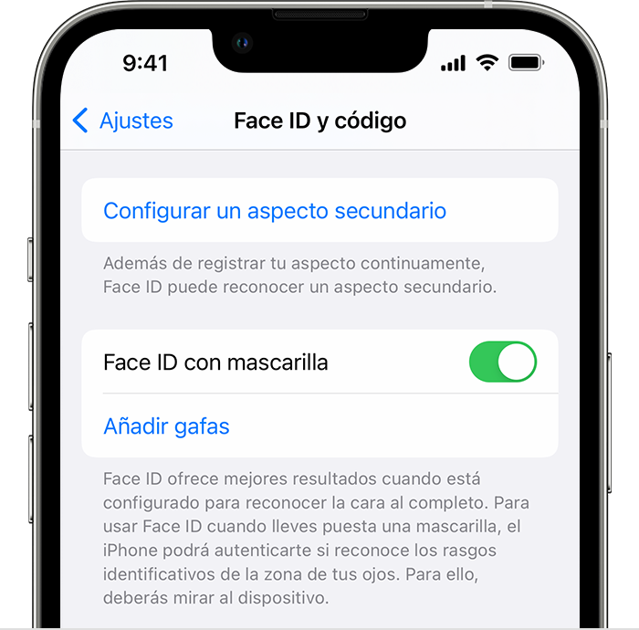 Si utilizas un iPhone 12 o un modelo posterior y iOS 15.4 o una versión posterior, encontrarás la opción Face ID con mascarilla en la página Face ID y código de Ajustes.