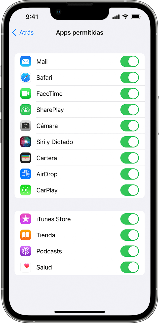 Un iPhone que muestra la pantalla “Apps permitidas”. Las apps seleccionadas tienen su botón de activación/desactivación activado.