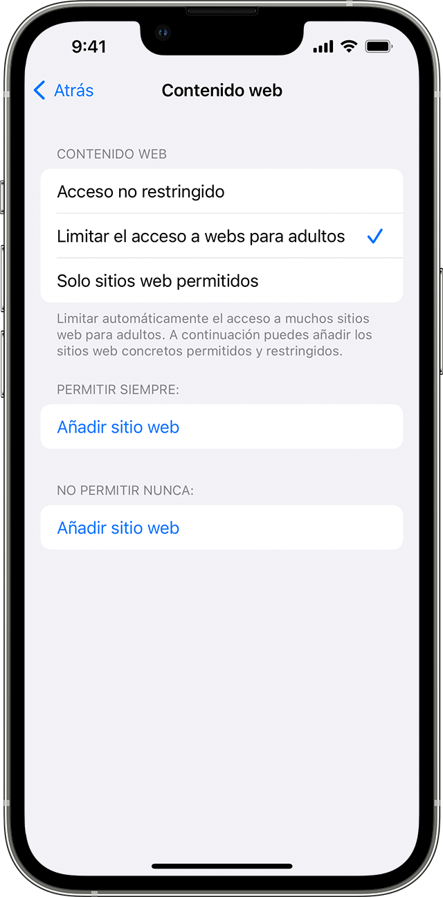 Un iPhone que muestra la pantalla “Contenido web”. En ella, la opción “Limitar el acceso a webs para adultos” está seleccionada con una marca de verificación junto a ella.