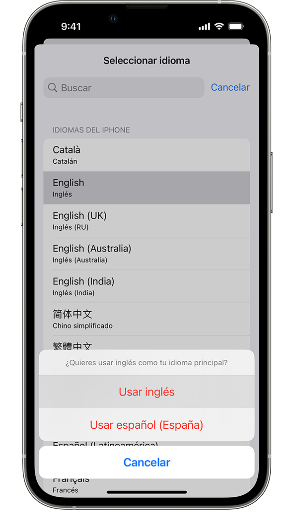 iPhone que muestra una alerta que dice: “¿Te gustaría usar el francés como idioma principal?” Las opciones que se muestran son Usar francés, Usar inglés (EE. UU.) y Cancelar.