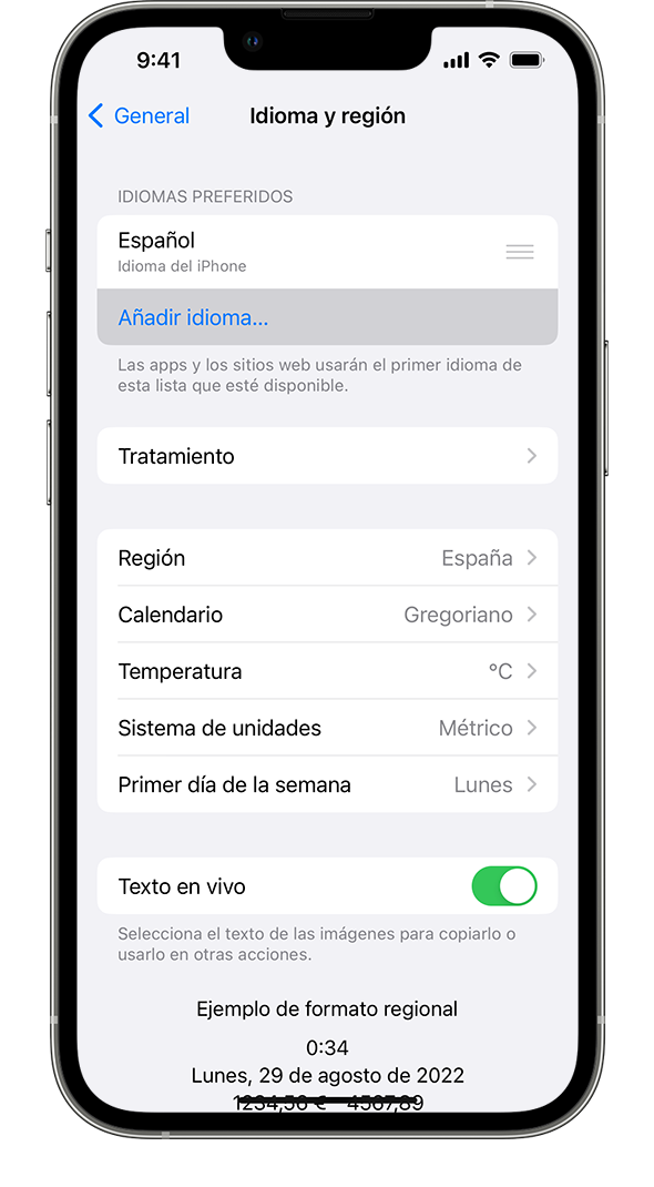 iPhone que muestra el menú Idioma y región, con la opción Añadir idioma resaltada.