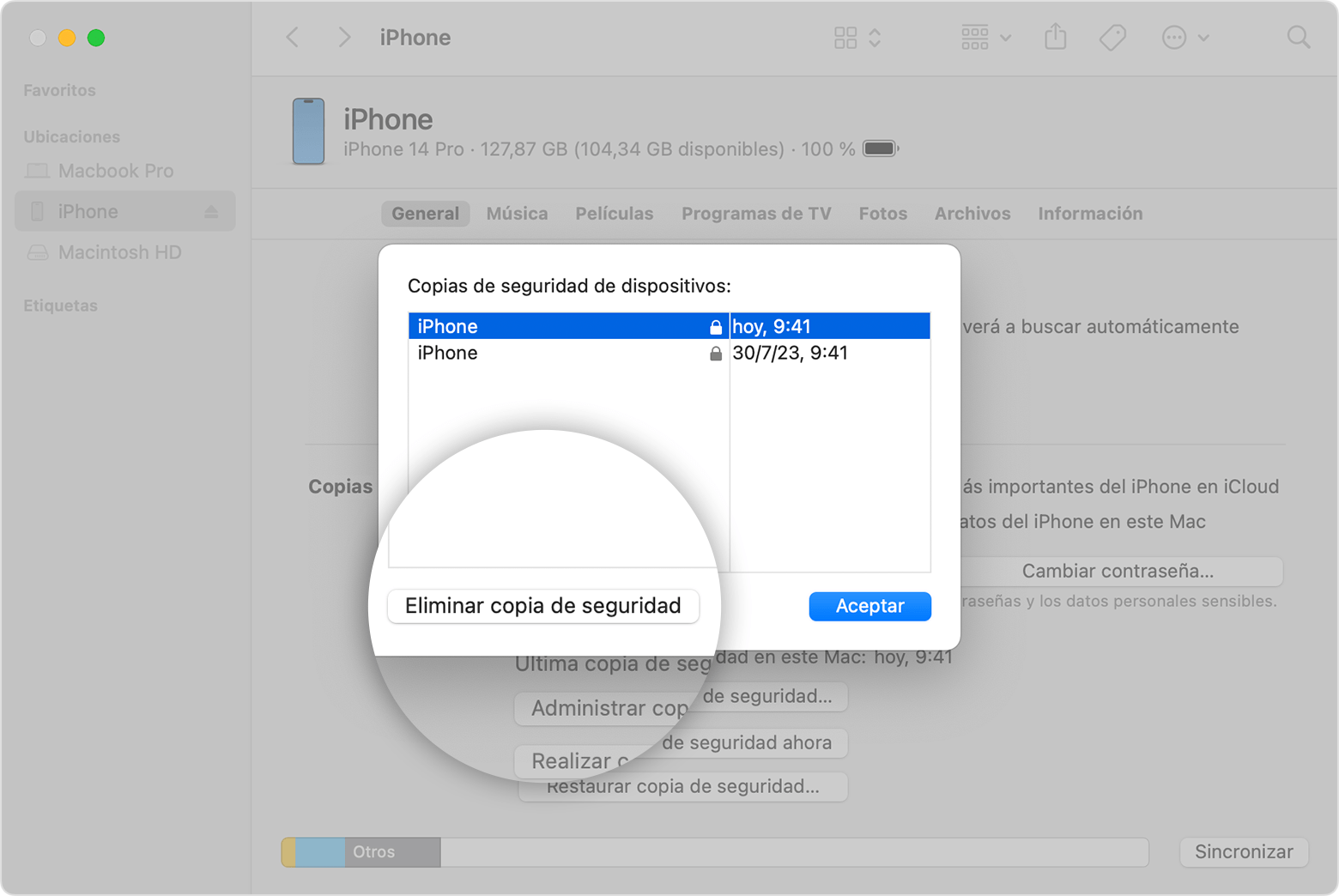 Una ventana del Finder que muestra la opción de eliminar las copias de seguridad del dispositivo