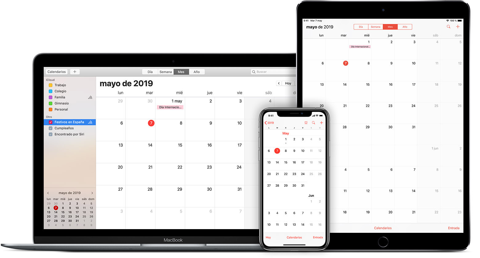 Un Mac, un iPad y un iPhone con el calendario de iCloud