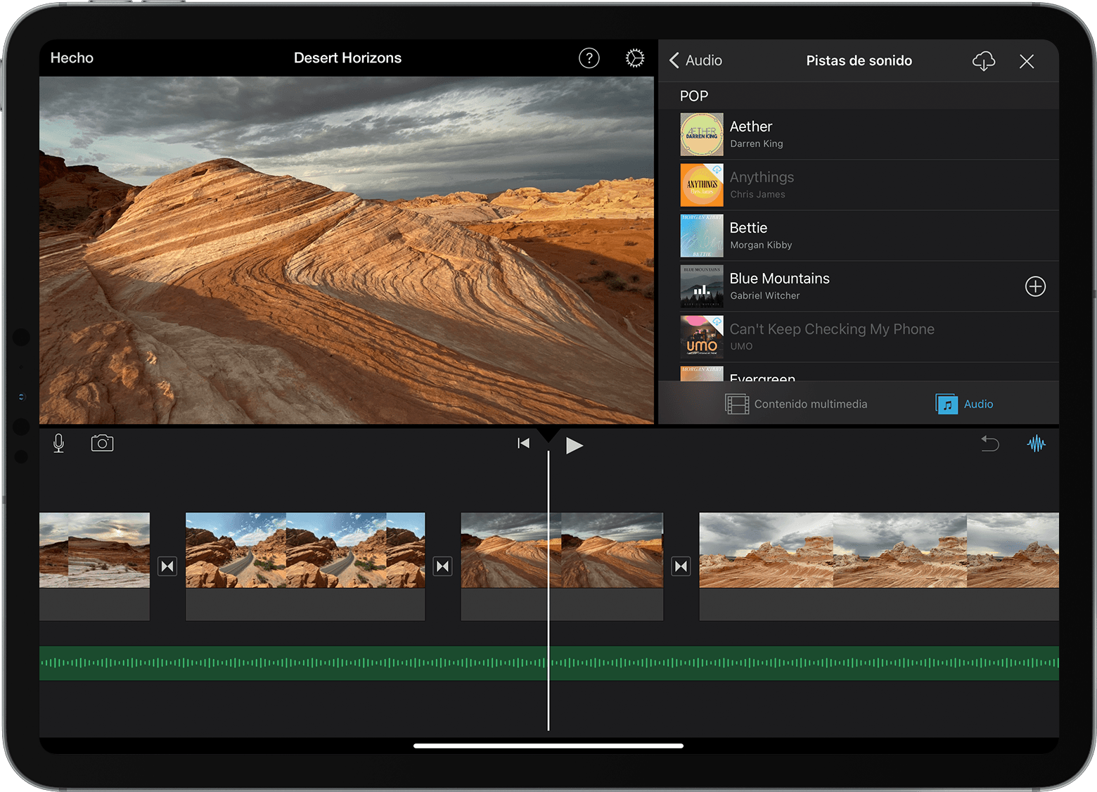 Menú para añadir bandas sonoras en iMovie para iPad