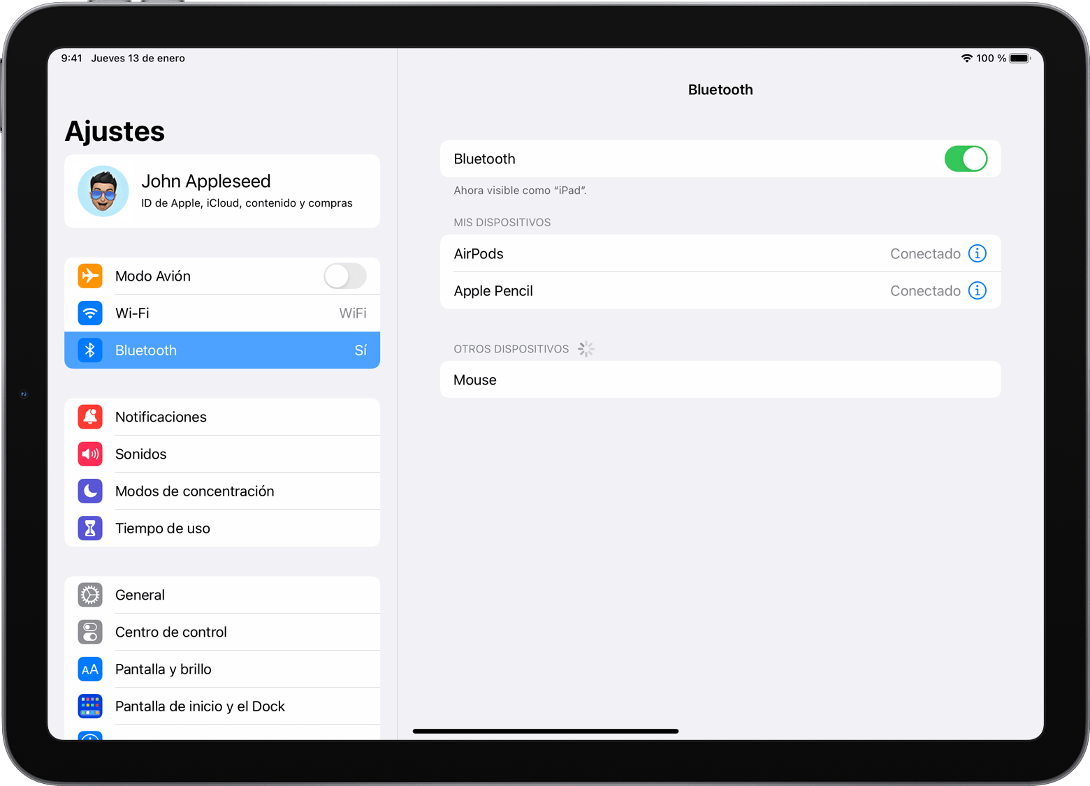 Puedes encontrar una lista de dispositivos conectados al iPad en Ajustes > Bluetooth