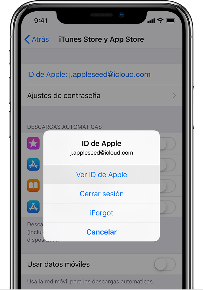 Pantallas del iTunes Store y el App Store en un iPhone, mostrando la opción Ver ID de Apple