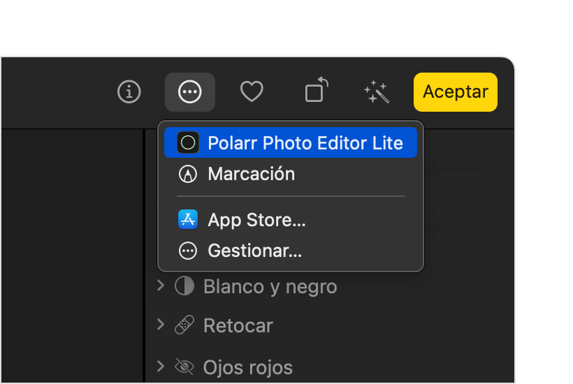 App Fotos en un Mac que muestra cómo se elige la extensión de terceros