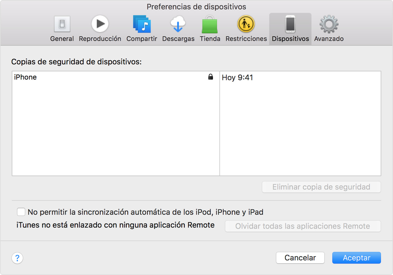 Preferencias de dispositivos - iTunes