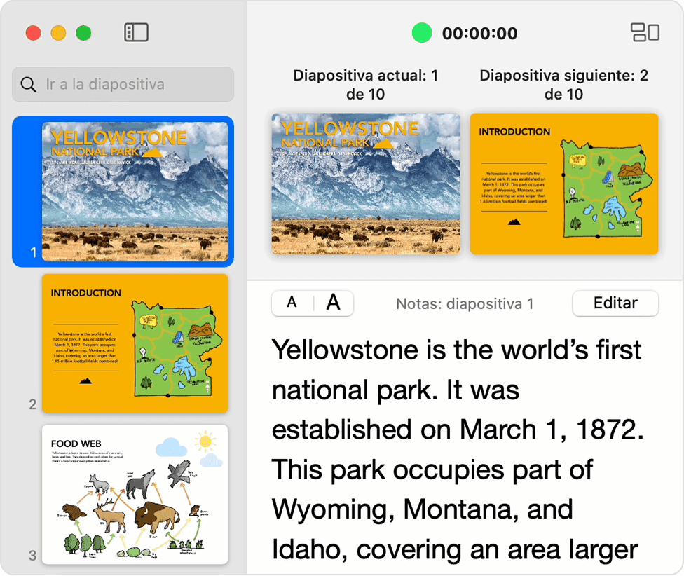 Ventana de la pantalla del presentador de Keynote