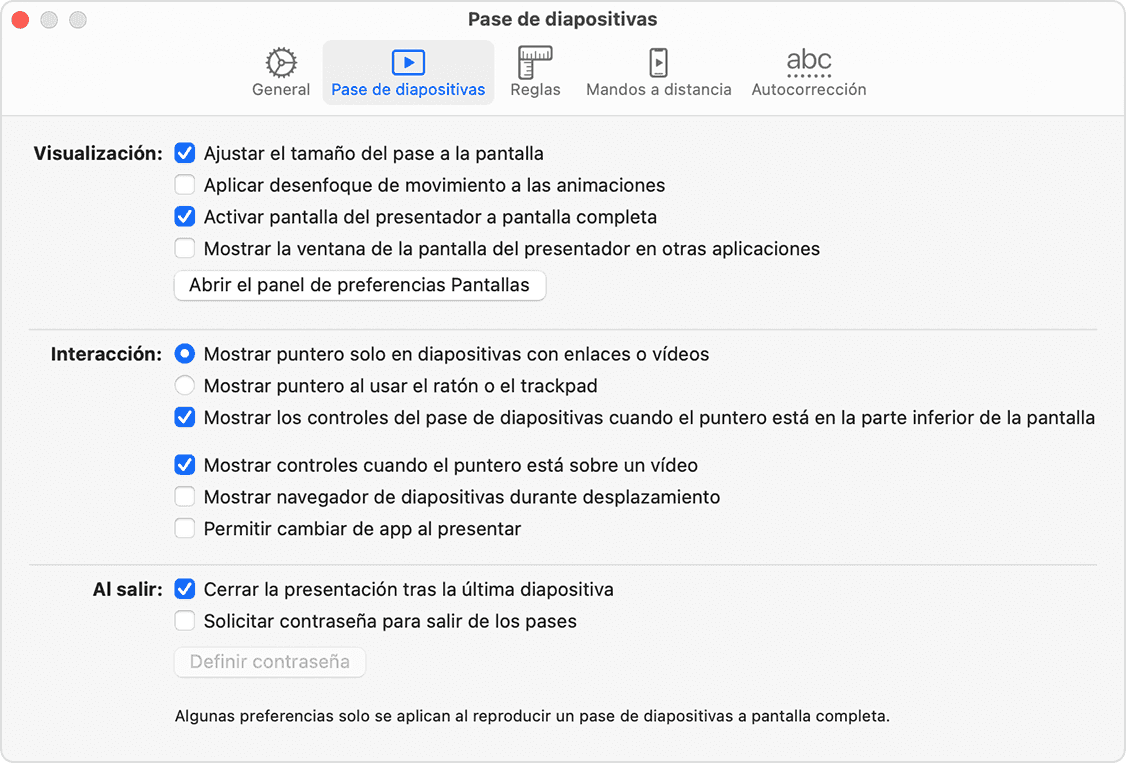 Ventana de preferencias Pase de diapositivas de Keynote