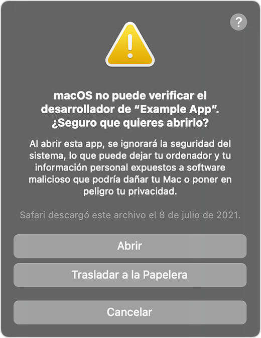 Alerta de macOS sobre la omisión de un desarrollador no verificado