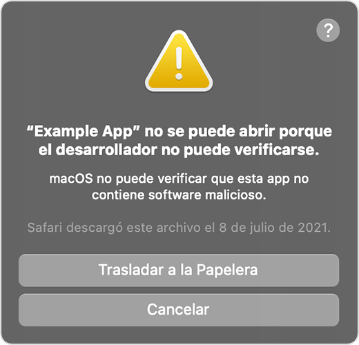 Ventana de alerta de macOS: la app no se puede abrir porque no se puede verificar el desarrollador.