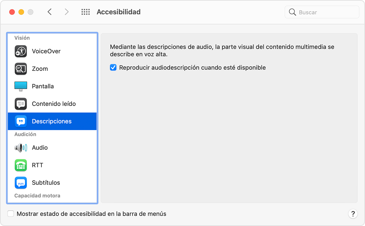 Accesibilidad Preferencias del Sistema Descripciones con «Reproducir descripciones de audio cuando estén disponibles.» seleccionado