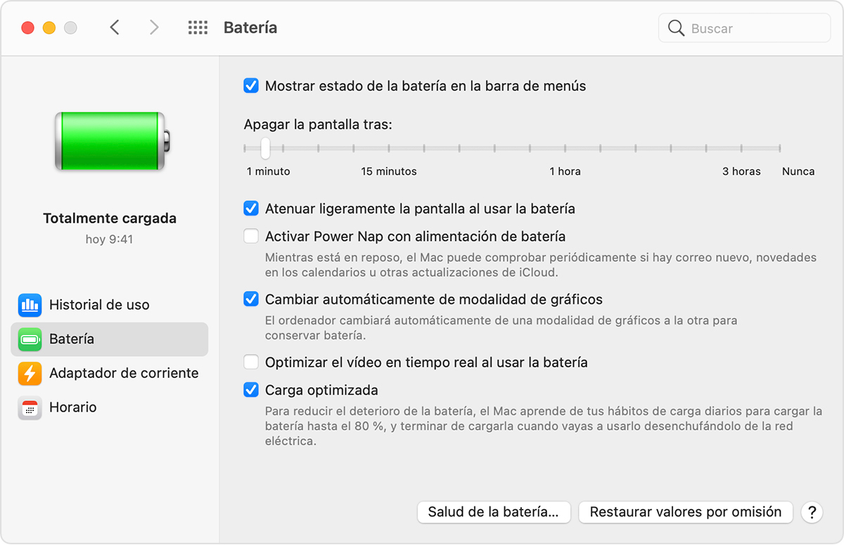 Ventana Panel de preferencias Batería de macOS con la opción “Cambio automático de modalidad de gráficos” seleccionada