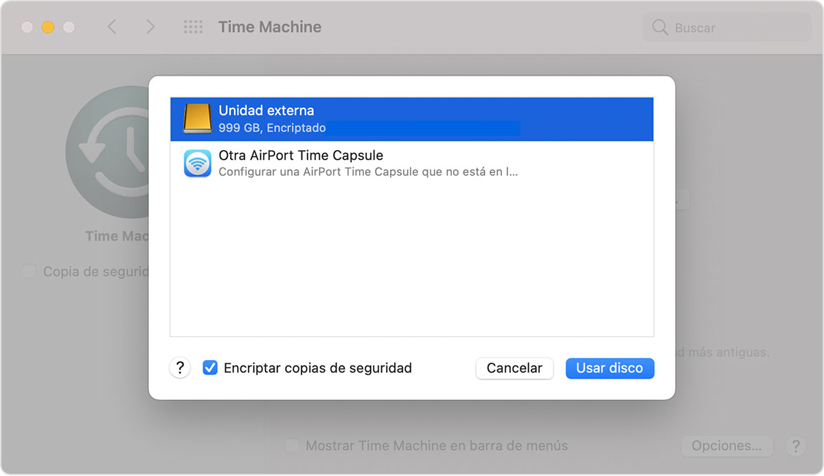 Ventana Time Machine de Preferencias del Sistema de macOS con las opciones de Seleccionar disco de copia de seguridad