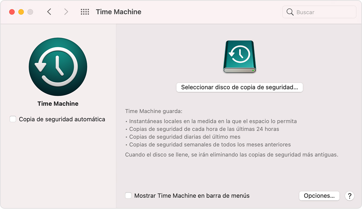 Ventana Time Machine de Preferencias del Sistema de macOS