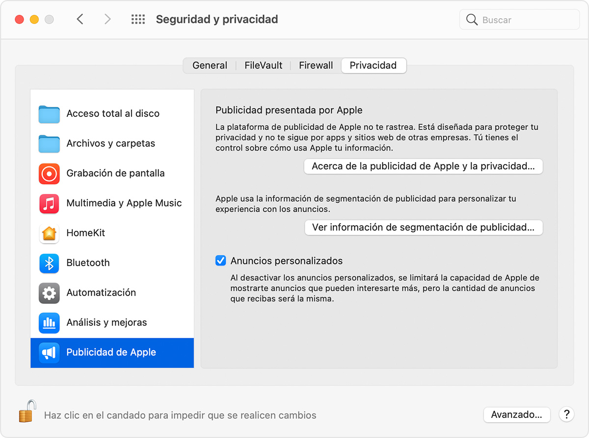 Ventana del Mac que muestra las opciones Publicidad presentada por Apple y Anuncios personalizados de Publicidad de Apple