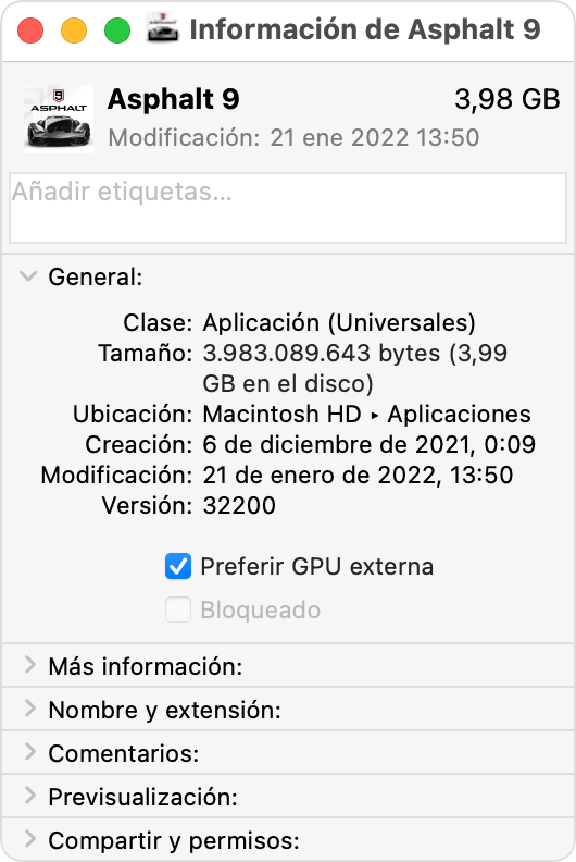 Ventana de información de una app en el Mac con la opción Preferir GPU externa seleccionada