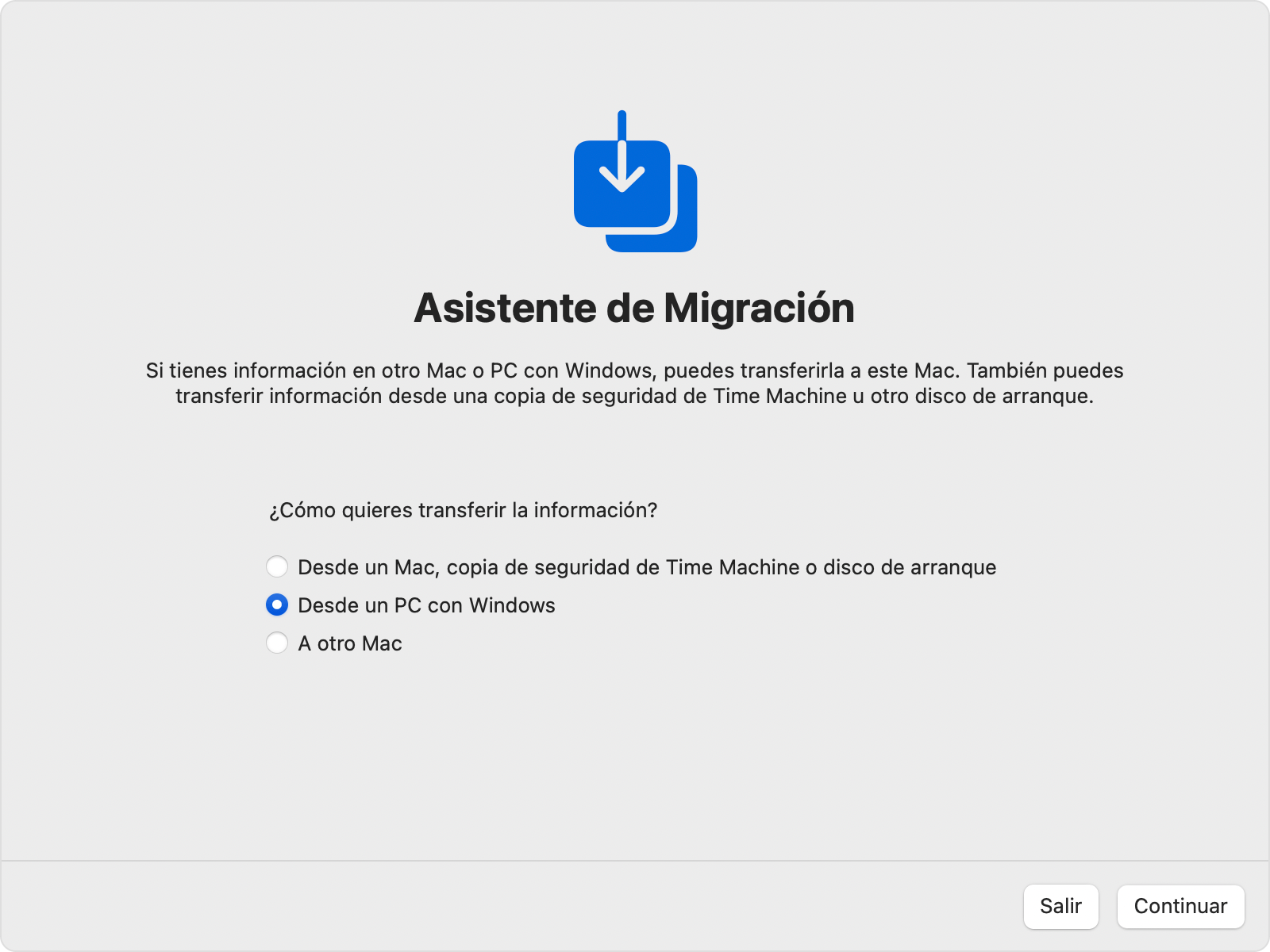 Transferencia del Asistente de Migración desde un PC con Windows