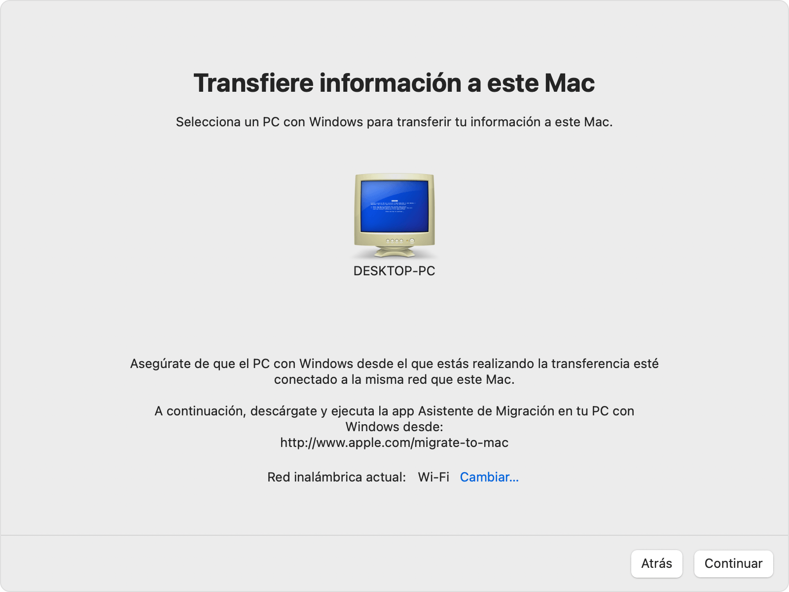Transferencia del Asistente de Migración a este Mac