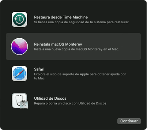 Opciones de recuperación de macOS con la función 