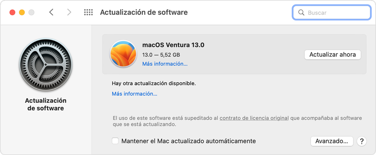 Ventana Actualización de software en macOS Monterey