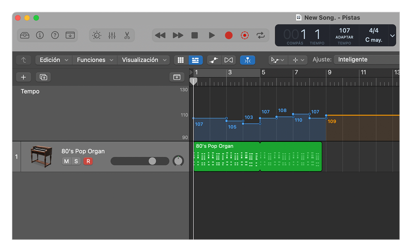 La pista de tempo que muestra un mapa de tempo después de grabar una pista MIDI en el modo Adaptar tempo inteligente