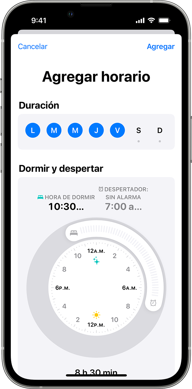Una pantalla de iPhone en la que se muestran las opciones para editar un horario completo de sueño