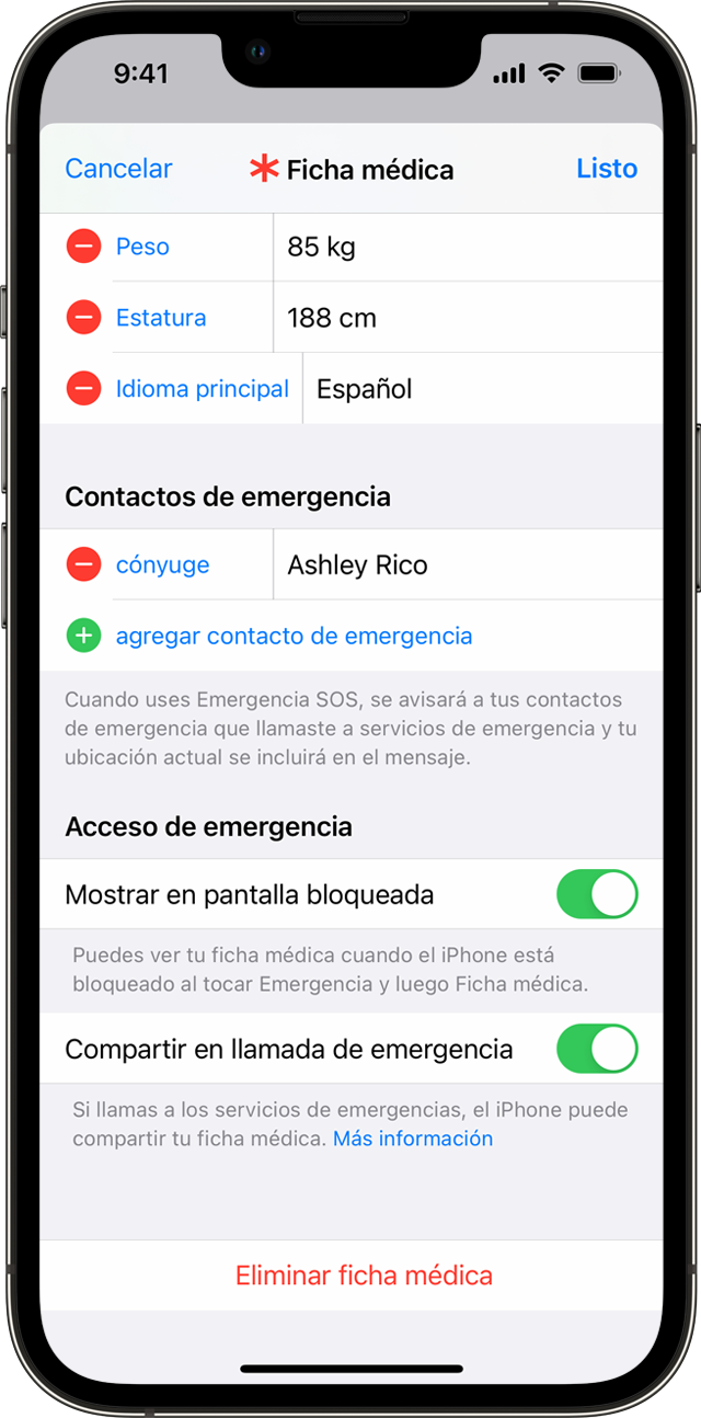 Un iPhone en el que se muestra la pantalla de configuración de Ficha médica, donde puedes agregar contactos de emergencia.