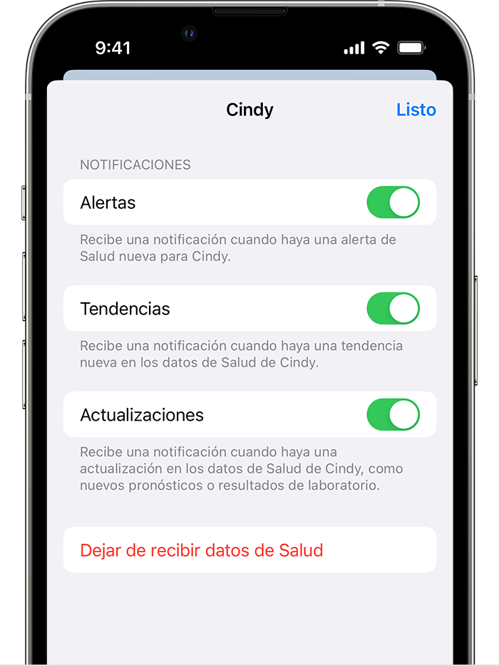 Pantalla de un iPhone en la que se muestran las opciones para desactivar Alertas, Tendencias o Actualizaciones cuando se comparten datos de salud con otra persona.