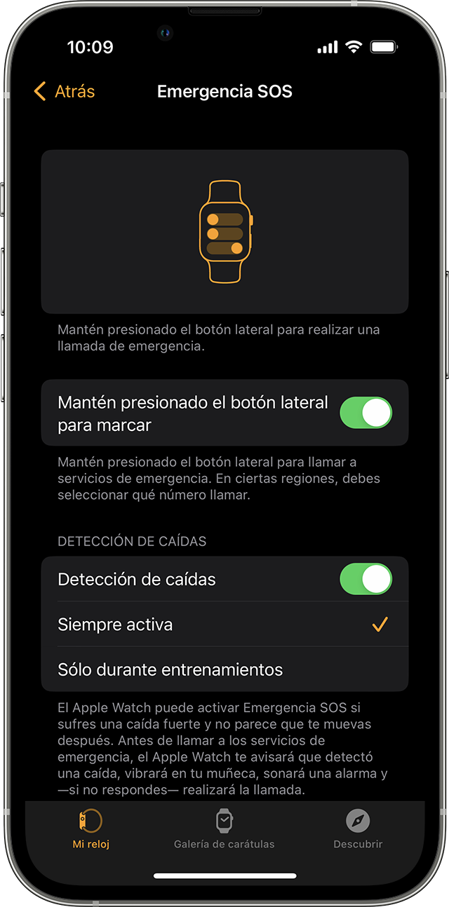 Una pantalla de iPhone en la que se muestra la opción para activar la detección de caídas