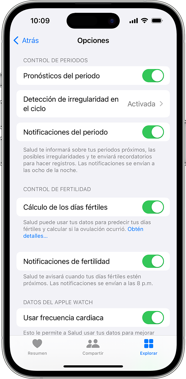 Opciones de Control del Ciclo para las notificaciones del periodo y control de fertilidad en el iPhone