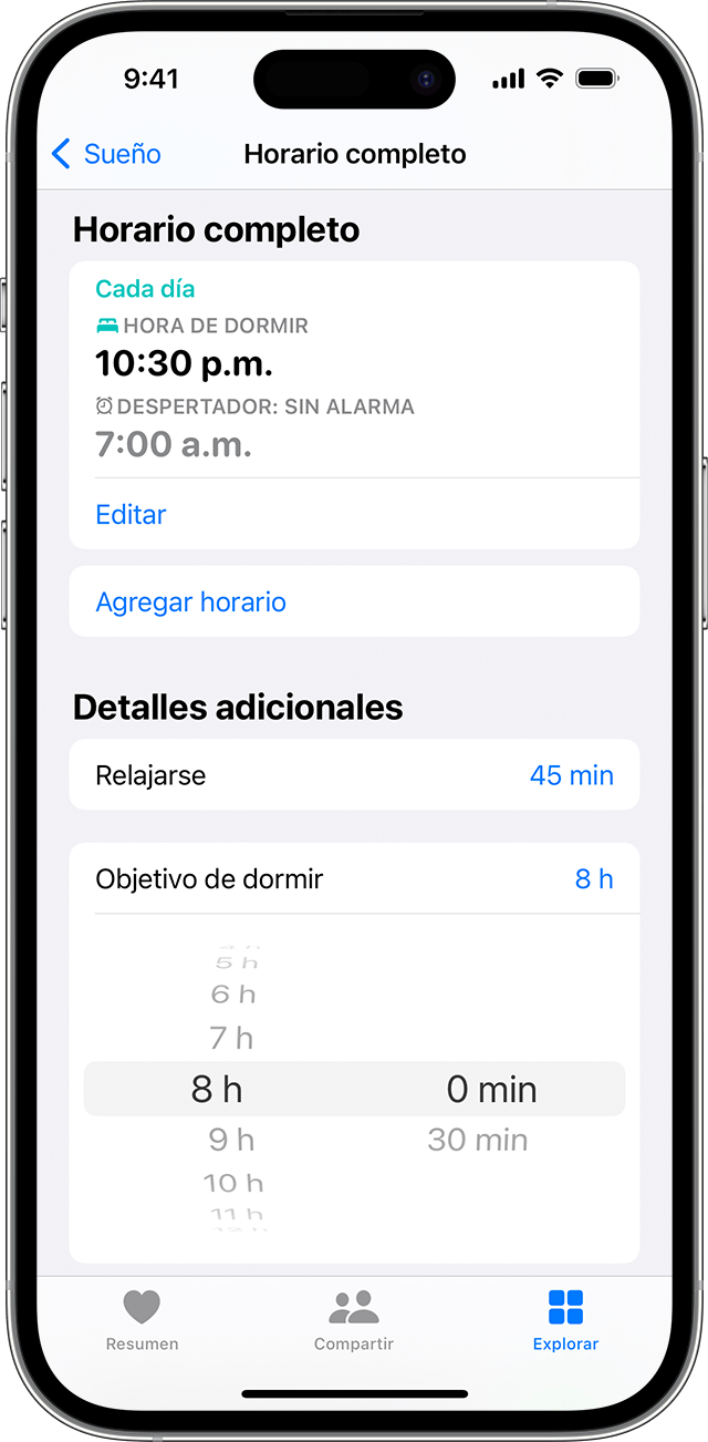 Una pantalla de iPhone en la que se muestran las opciones para establecer un objetivo de dormir