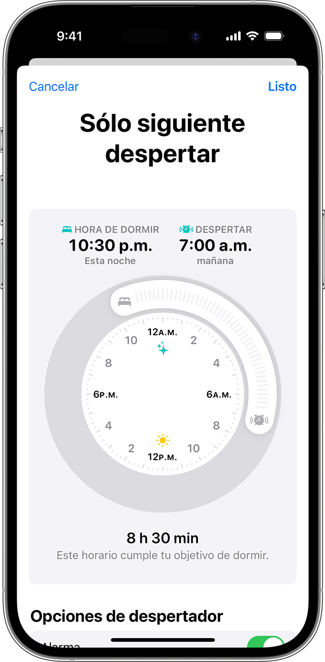 Una pantalla de iPhone en la que se muestran las opciones para editar Sólo siguiente despertar
