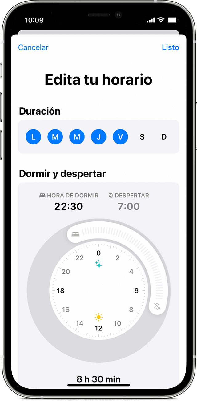 Una pantalla de iPhone en la que se muestran las opciones para editar un horario completo de sueño