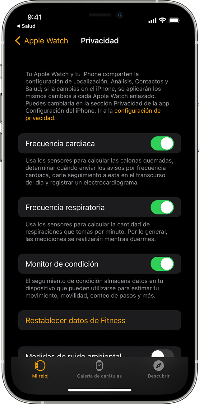 Las opciones de configuración de privacidad de la app Salud en un iPhone. 