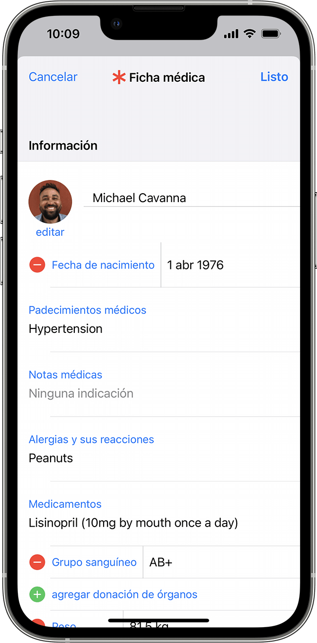 Una pantalla de iPhone en la que se muestra información de una ficha médica