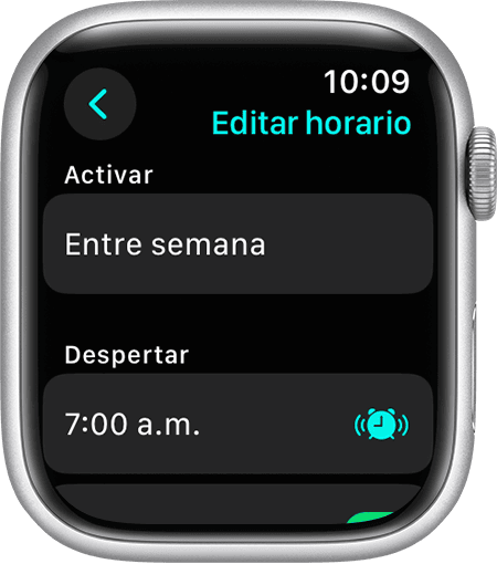 Una pantalla de Apple Watch en la que se muestran las opciones para editar un horario completo de sueño