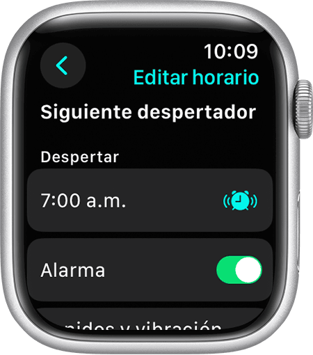 Una pantalla de Apple Watch en la que se muestran las opciones para editar Sólo siguiente despertar