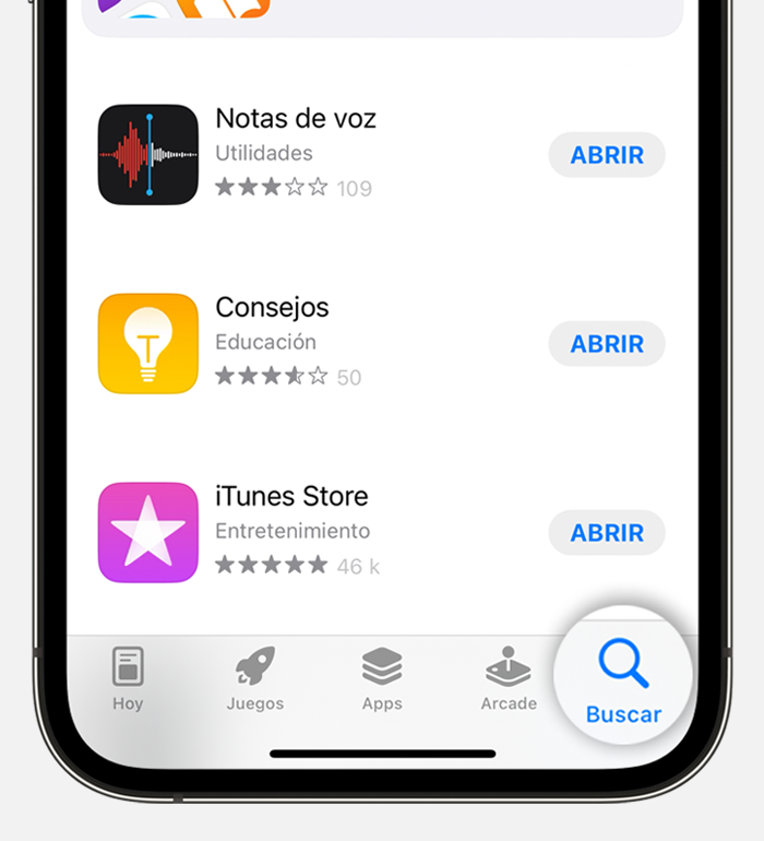iPhone en el que se muestra la pestaña de búsqueda en la parte inferior de la pantalla de App Store.
