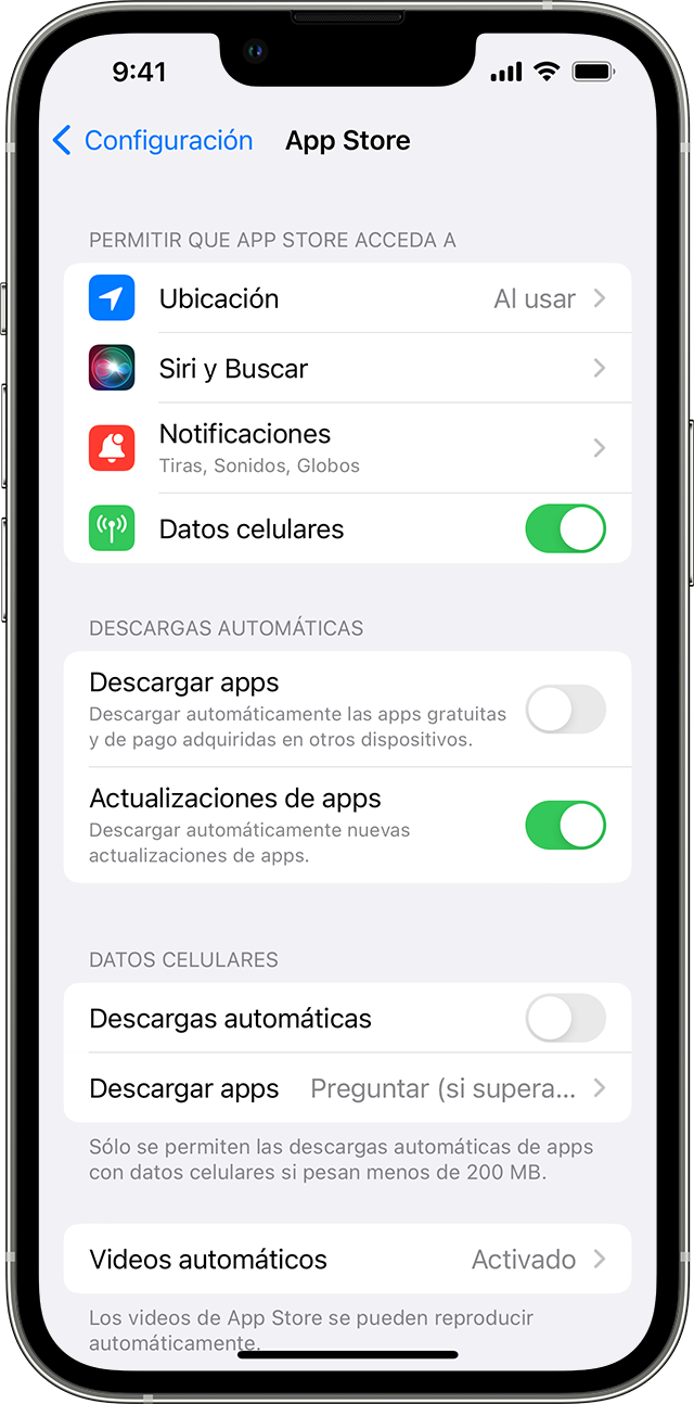 iPhone en el que se muestran las opciones de App Store en Configuración, incluida la de Actualizaciones de apps.