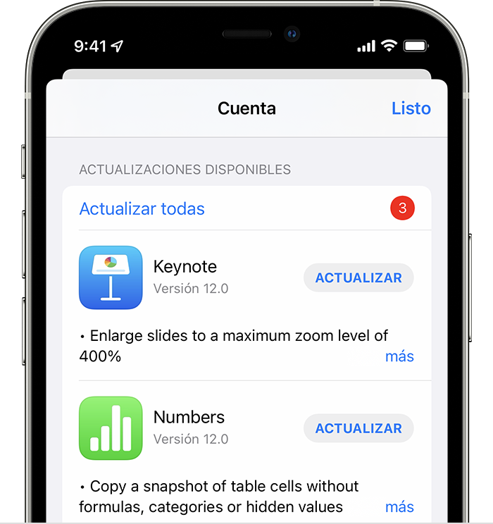 iPhone en el que se muestra una lista de las actualizaciones disponibles para cinco apps diferentes.
