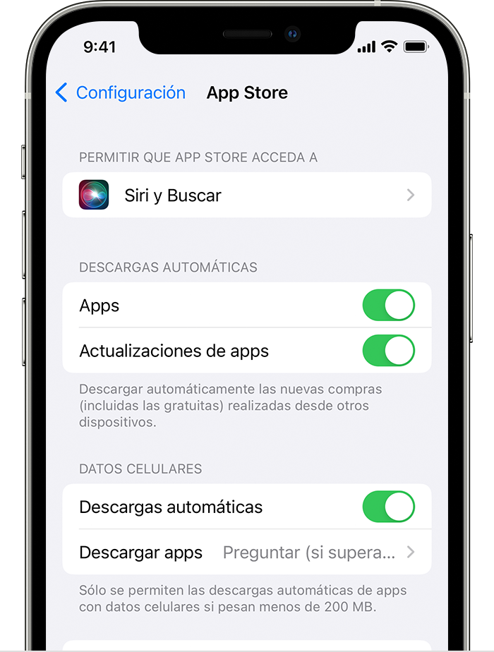 iPhone en el que se muestran las opciones para activar o desactivar las actualizaciones automáticas en Configuración.