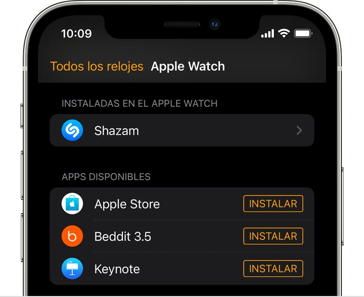 Pantalla de iPhone en la que se muestra la app Watch 
